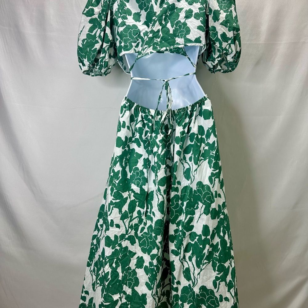 Boho Floral Puff Sleeve Cut Out Dress Tie Back A Line Midi Dresses No Size Tag - Picture 9 of 12